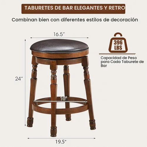 Vista 2 de ERGOMASTER Juego de 2 taburetes de bar giratorios de 24 pulgadas, madera de caucho, marrón