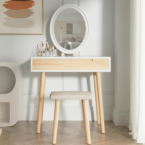 Vista 12 de Juego de mesa de maquillaje YOURLITE con espejo iluminado ajustable de 3 modos, taburete acolchado, mueble tocador para espacios pequeños Juego