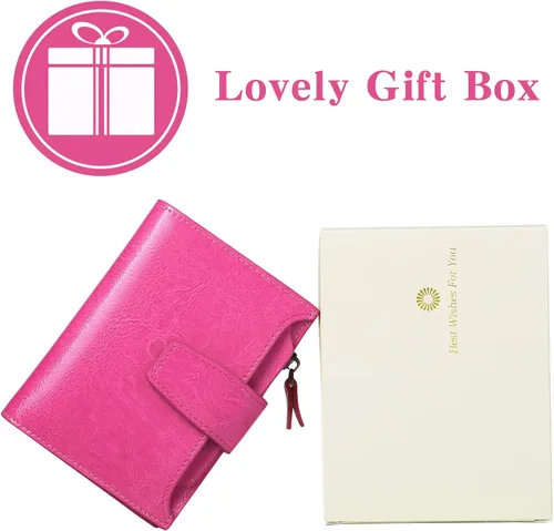 Vista 7 de FALAN MULE Cartera pequeña para mujer, de piel auténtica, plegable, compacta, con bloqueo RFID, pequeña cartera para mujer, Rosa Rojo, Casual