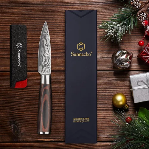 Vista 6 de Sunnecko Cuchillo de Cocina Pequeño de 3.5 Pulgadas, Cuchillo Mondador de Acero Inoxidable de Alto Carbono, Cuchillo de Fruta con Mango de Madera