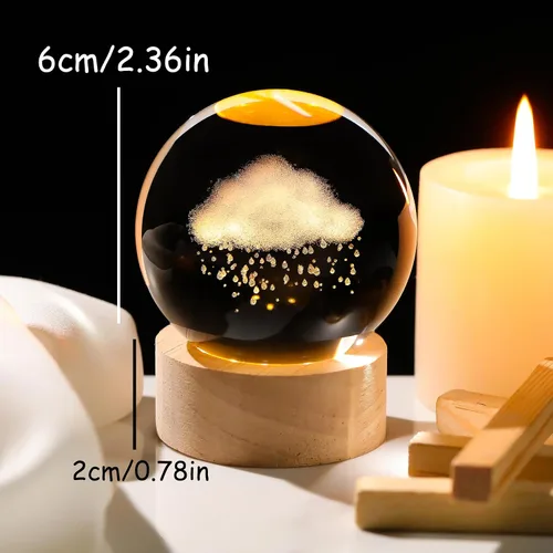 Vista 2 de Bola de cristal de 2.36 pulgadas con diseño de nube y lluvia en 3D, regalo para mujeres y hombres, bola decorativa de cristal grabada, pisapapeles