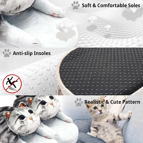 Vista 4 de Divertidas pantuflas de gato mullidas para mujer, zapatos de casa esponjosos, bonitas pantuflas de animales para interiores y exteriores, suaves