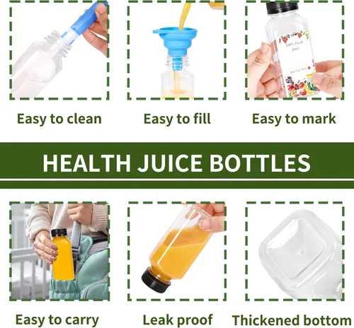 Vista 3 de SUPERLELE 12 botellas de plástico de 8 onzas con tapas, recipientes transparentes reutilizables para jugo con etiquetas, embudo y cepillo