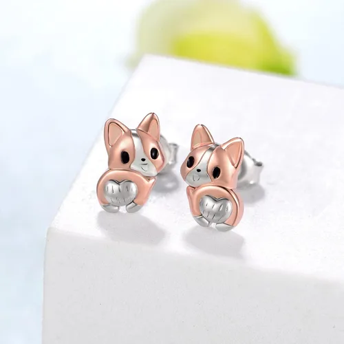 Vista 2 de Aretes de plata de ley 925, diseño de perro corgi/perro salchicha/perro perrito kawaii, regalos para mujeres, amantes de los perros
