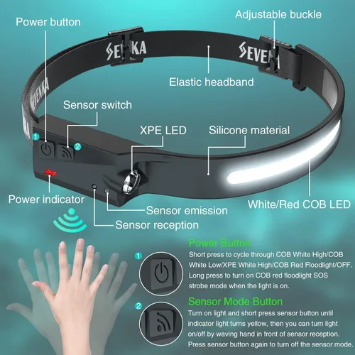 Vista 6 de SEVENKA 3 faros recargables con luz roja, linterna LED con funda de transporte, 1000 lúmenes, haz ancho de 230° y luz puntual, modo sensor, lámpara