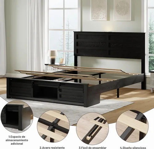 Vista 5 de Base de cama tamaño matrimonial con cabecero de madera, estructura de cama de plataforma de madera con estribo de puerta corrediza de granero