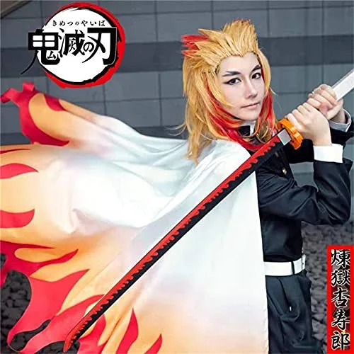Vista 8 de Anime Demon Slayer Kimetsu No Yaiba Rengoku Kyoujurou Cosplay Peluca Hombres Mujeres Resistente al Calor Pelucas de Pelo Sintético Halloween