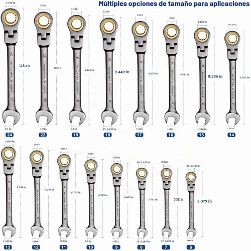 Vista 5 de Juego de llaves de trinquete, juego de 16 piezas de llave de combinación de cabeza flexible, juego de llaves métricas 6–24 mm, 72 dientes Cr-V