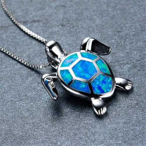 Vista 6 de Juego de collar y aretes de tortuga marina de ópalo para mujeres y niñas, hipoalergénicos, delicados, lindos animales del océano, piedra natal azul