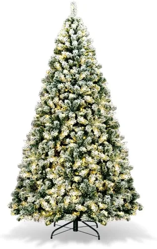 Vista 15 de HAPPYGRILL - Árbol de Navidad artificial preiluminado de 2.1 m, árbol de Navidad con nieve flocada y 320 luces LED multicolor, 8 modos de Snow Pe