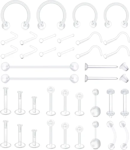 Vista 6 de Mayhoop 38 piezas de retenedores de piercing transparentes Bioflex para cirugía, anillos de nariz, anillos de barriga, tabique, cejas, labio