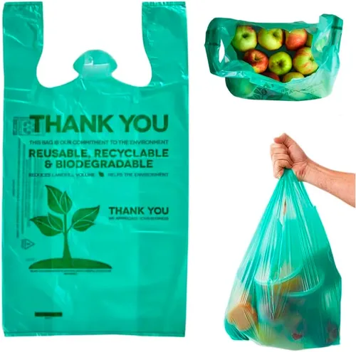 Vista 9 de Paquete de 50 bolsas de camiseta con asas de 22 x 12 pulgadas, bolsas de plástico biodegradable verde para compras, bolsas de agradecimiento