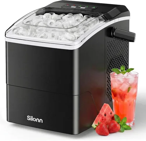 Vista 9 de Silonn - Máquina para hacer hielo con encimera, 9 cubos listos en 6 minutos, 26 libras en 24 horas, máquina de hielo autolimpiante con cuchara
