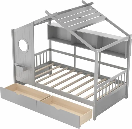 Vista 8 de KOMFOTT Cama de madera de tamaño individual con 2 cajones, marco de cama de madera con almacenamiento en cubos y rieles de valla, plataforma de Gris