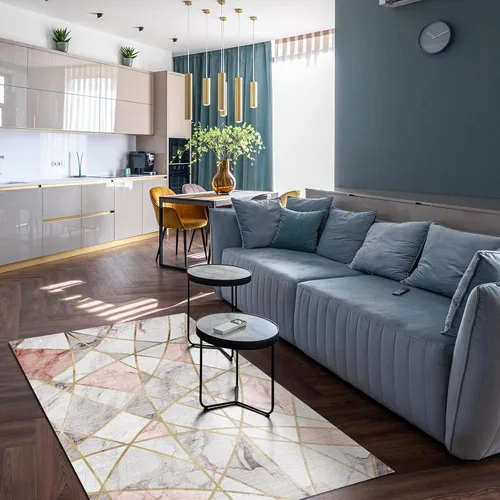 Vista 4 de Alfombra minimalista de lujo con diseño geométrico para sala de estar, alfombra moderna con estampado de mármol rosa dorado, alfombra rectangular