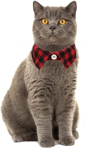 Vista 3 de Juego de 2 collares navideños para gatos con bonito pajarita y campana a cuadros Negro rojo+verde
