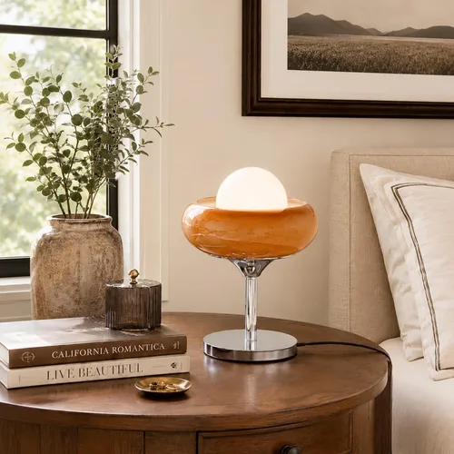 Vista 4 de Lámpara de mesa de cristal naranja quemado con huevo de tarta de huevo, luz de escritorio cromada con pantalla de globo, accesorio de iluminación