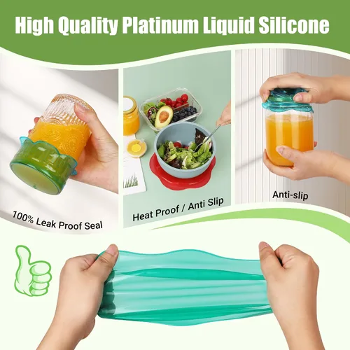 Vista 5 de Tapas elásticas de silicona para almacenamiento de alimentos en el refrigerador, fundas elásticas reutilizables para tazas, latas, tarros