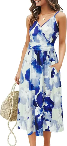 Vista 7 de Ouges Vestido corto de verano para mujer, con cuello en V, tirantes delgados, estampado floral y bolsillos, de fiesta