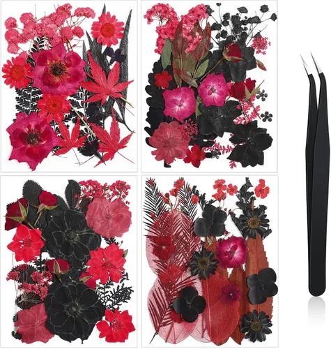 Vista 13 de Nuanchu Flores secas prensadas negras para manualidades, flores secas góticas, flores silvestres prensadas naturales a granel con pinzas para molde