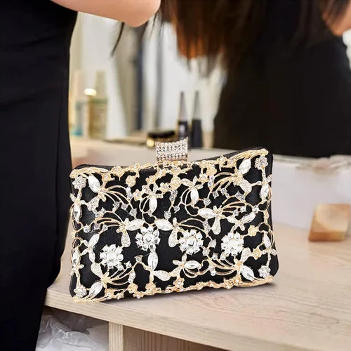 Vista 5 de Bolso de noche con diamantes de imitación para mujer, bolso de mano de cristal con lentejuelas brillantes, bolso de hombro floral