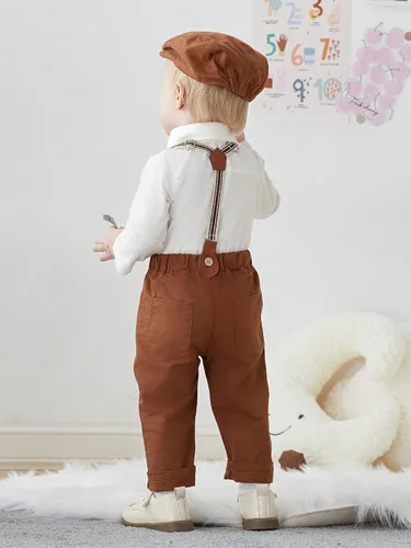 Vista 4 de SALNIER Conjunto de ropa de traje de bebé niño esmoquin trajes de caballero trajes de corbatín camisa tirantes pantalones boina sombrero