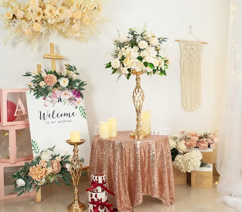 Vista 3 de 2 piezas de centros de mesa de boda para mesas de recepción, soportes de velas retorcidas, adornos, centros de mesa de metal con jarrón de flores