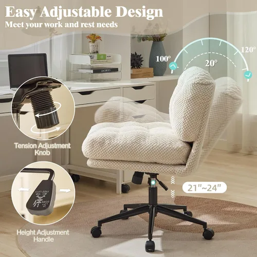 Vista 6 de Silla cruzada con ruedas más anchas y gruesas, silla de oficina con patas cruzadas, cómoda, ajustable, giratoria, color blanco