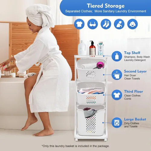 Vista 4 de Cesta de lavandería para baño, cesta de almacenamiento de ropa multicapa, cesta de lavandería de 3 niveles con ruedas, cesta clasificadora de ropa
