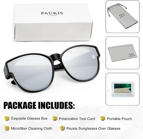 Vista 7 de Paukis Over Glasses Sunglasses for Women Men, Polarized UV Protection, Large Round Cat Eye Oversized Solar Shield Fits Over
