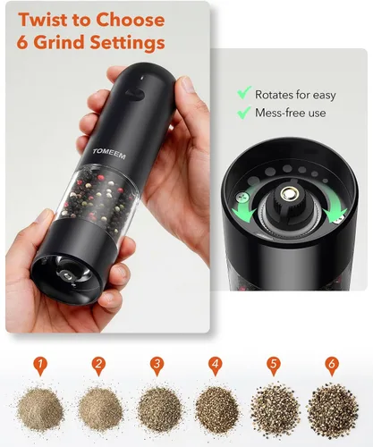 Vista 3 de Juego de molinillo de sal y pimienta eléctrico de TOMEEM con luces LED – Molinillo automático recargable de sal y pimienta con 6 ajustes de grosor
