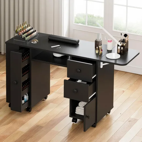 Vista 4 de Mesa de manicura con mesa extensible, mesa de escritorio de uñas para tecnología de uñas con soporte para bolsa de basura y cajón vertical, estación