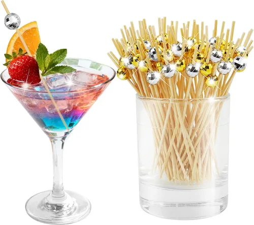 Vista 8 de 100 piezas de palillos de cóctel, palillos de dientes decorativos de bola de discoteca para aperitivos, pinchos de cóctel plateados para aperitivos