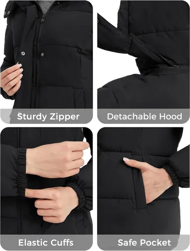 Vista 6 de wantdo Chaqueta acolchada para mujer, abrigo de invierno ligero con capucha extraíble Negro