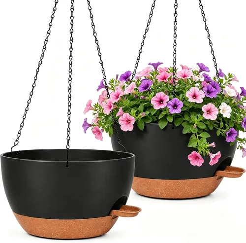 Vista 12 de Macetas colgantes de 10 pulgadas con cadenas, juego de 2, macetas auto-regables de plástico negro para plantas de interior y exterior, decoración