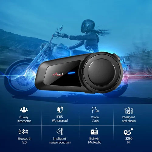 Vista 2 de MAXTO Auriculares Bluetooth M2 para motocicleta, casco de motocicleta Bluetooth 5.0, 6 vías 3280 pies, sistema de comunicación de intercomunicación
