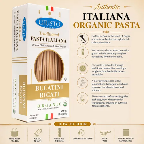 Vista 6 de Giusto Sapore Pasta italiana Bucatini artesanal importada, bronce orgánico dibujado 340G