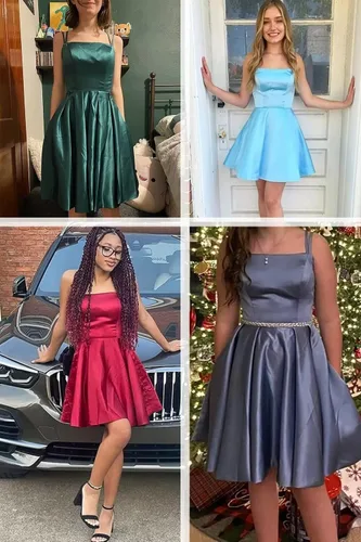 Vista 5 de Tianzhihe Vestidos cortos de satén para adolescentes 2024 con tirantes delgados, vestidos de fiesta de cóctel con bolsillos