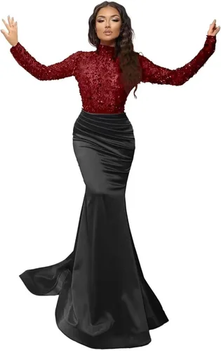 Vista 6 de Vestidos de fiesta de noche con lentejuelas brillantes y cuello alto para mujer, de satén, manga larga, vestidos de fiesta de noche