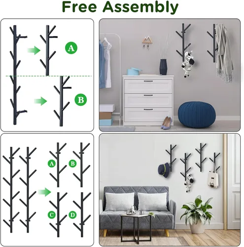 Vista 3 de Juego de 2 percheros negros para pared, perchero flotante de diseño moderno, perchero para ropa, bufandas, bolsos, gorras, ganchos verticales