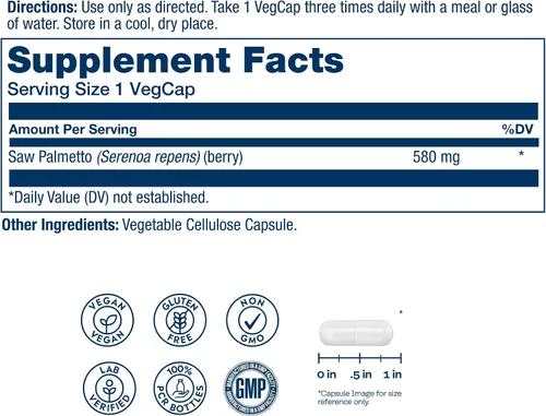 Vista 2 de SOLARAY Saw Palmetto Berries 580mg - Suplementos de bienestar para hombres - Saw Palmetto para hombres a medida que envejecen - 3 cápsulas vegetales