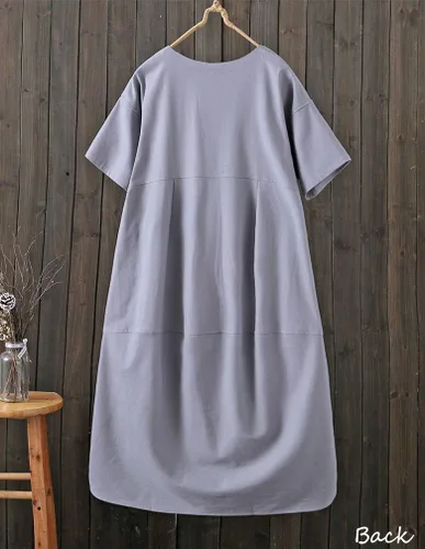 Vista 2 de Tebreux Vestido midi de lino para mujer, de gran tamaño, manga corta, holgado, con bolsillos