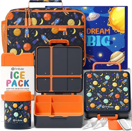 Vista 10 de Fimibuke Lonchera Bento para niños con 4 compartimentos, bolsa de almuerzo aislada, tarro térmico de acero inoxidable al vacío, paquete de hielo