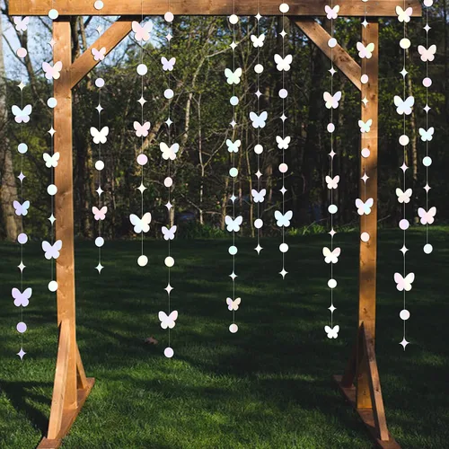 Vista 4 de Guirnalda de mariposas iridiscentes blancas de 40 pies, papel holográfico blanco para colgar, lunares, estrellas, mariposas, serpentina, pancarta