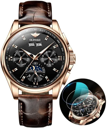 Vista 8 de OLEVS Reloj automático casual para hombre con correa de cuero esfera multicalendario manecillas luminosas resistente al agua fase lunar cristal