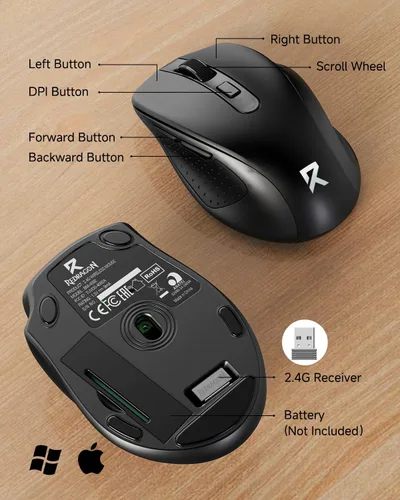 Vista 6 de Redragon - Ratón inalámbrico para laptop, mouse óptico de 2.4G para computadora de 5 niveles 4000DPI, ratones USB inalámbricos para oficina, 6