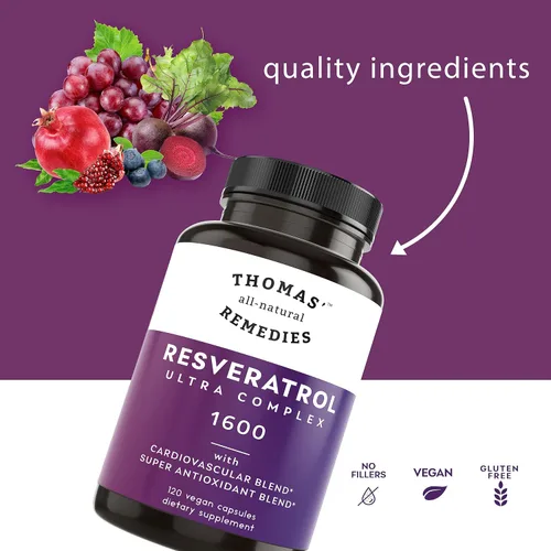 Vista 2 de Thomas' all-natural Remedies Resveratrol 1600mg Suplemento antioxidante orgánico Trans-Resveratrol con extracto de semilla de uva orgánico