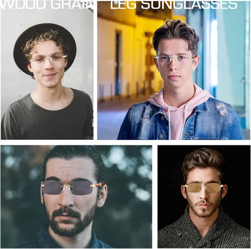Vista 5 de Piscm Gafas de sol de madera con templo gafas de sol sin montura para hombres gafas planas con luz azul