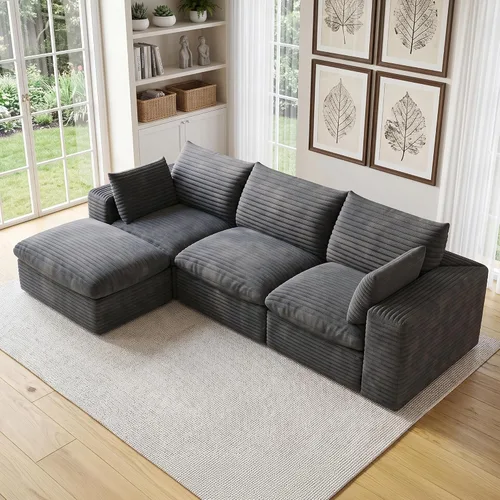 Vista 23 de 118" Cloud Couch Oversized Modular Sectional Sofa, Boneless L-Shaped 6 Seater Deep Seat Couch with Ottoman, Soft Corduroy Upholstery, DIY Negro