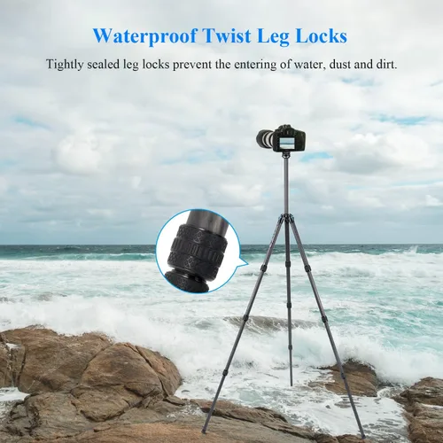 Vista 4 de SIRUI Trípode profesional de fibra de carbono resistente, trípode de cámara impermeable de 68.9 pulgadas con columna central triangular, tubo grande